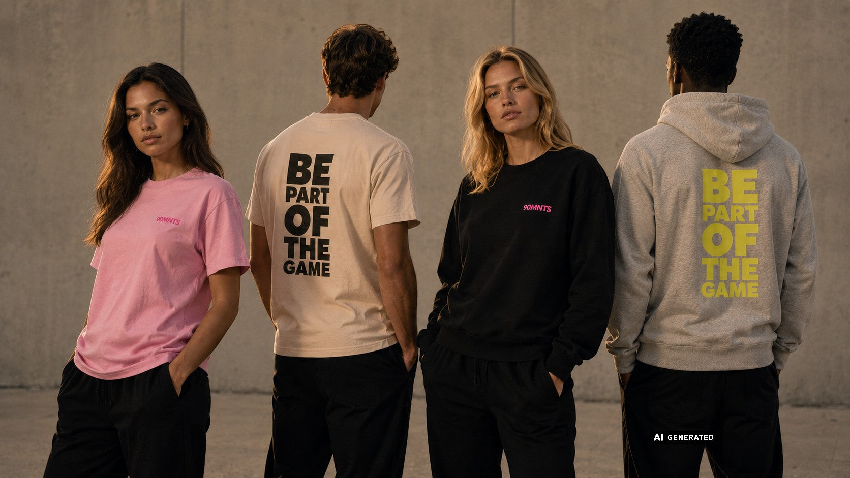Vier Model präsentieren Produkte aus der Be Part of the Game Collection (KI-Generiert)