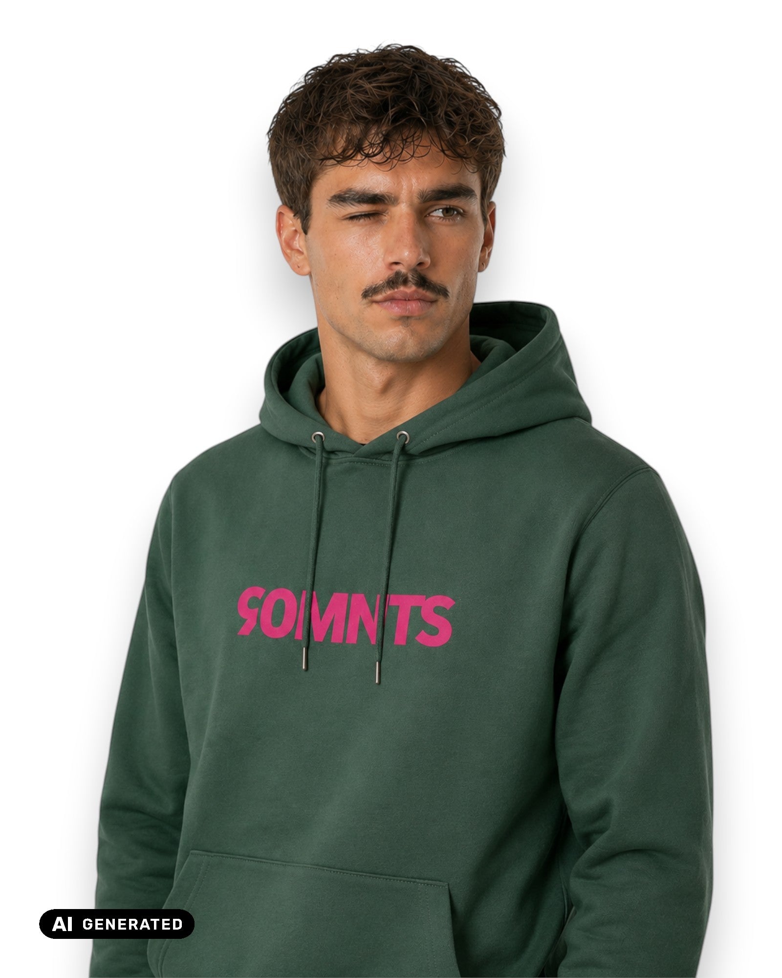 Männliches Model trägt BE PART OF THE GAME Hoodie in Petrol mit 90MNTS Print in Pink (KI-Generiert)