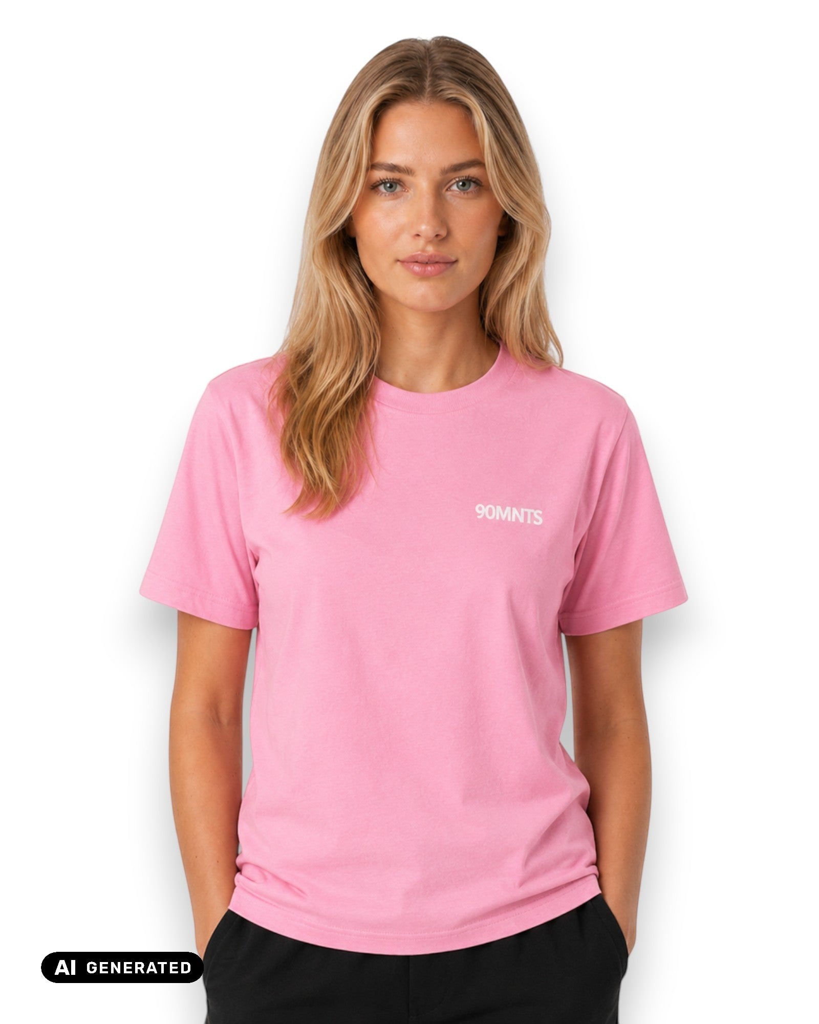 Weibliches Model trägt 90MNTS T-Shirt in pink mit kleinem Print in weiß (KI-Generiert)
