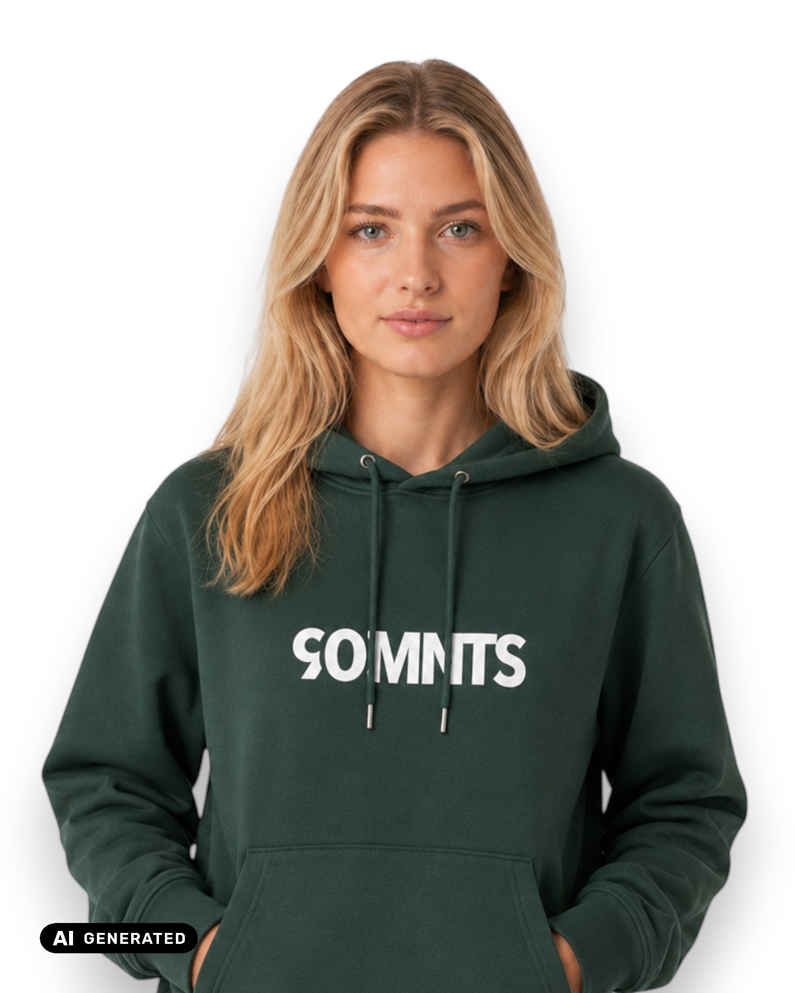 Weibliches Model trägt BE PART OF THE GAME Hoodie in grün mit 90MNTS Print in weiß (KI-Generiert)