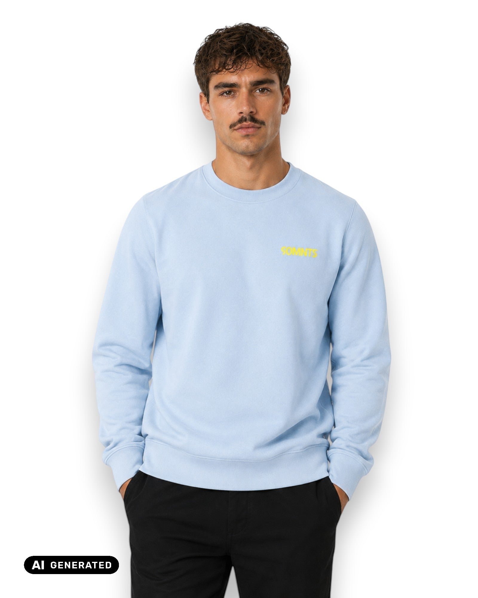Männliches Model trägt 90MNTS Colour Sweater in blau mit gelben Print (KI-Generiert)