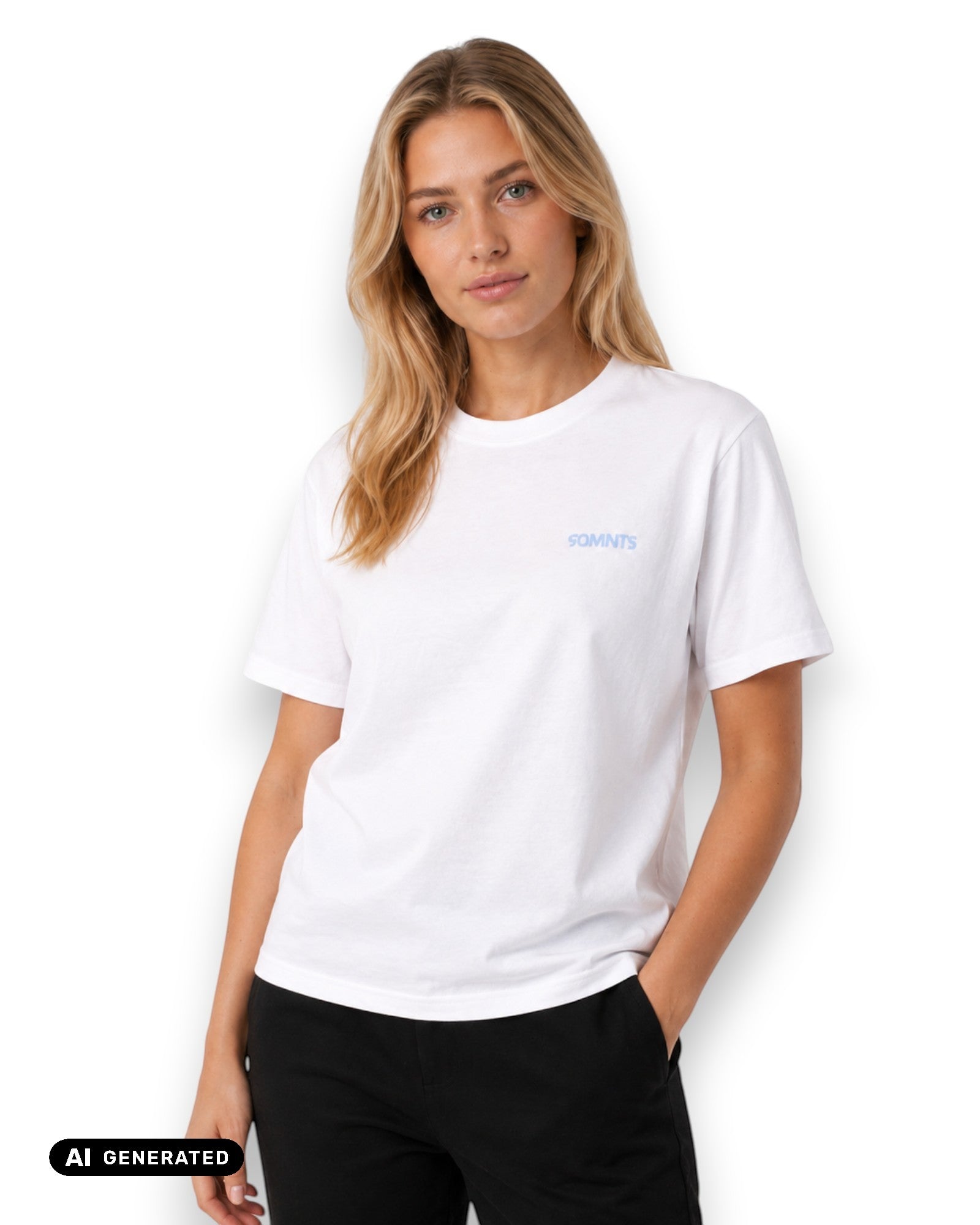 Blondes Model trägt 90MNTS T-Shirt in weiß mit kleinem Print in blau (KI-Generiert)