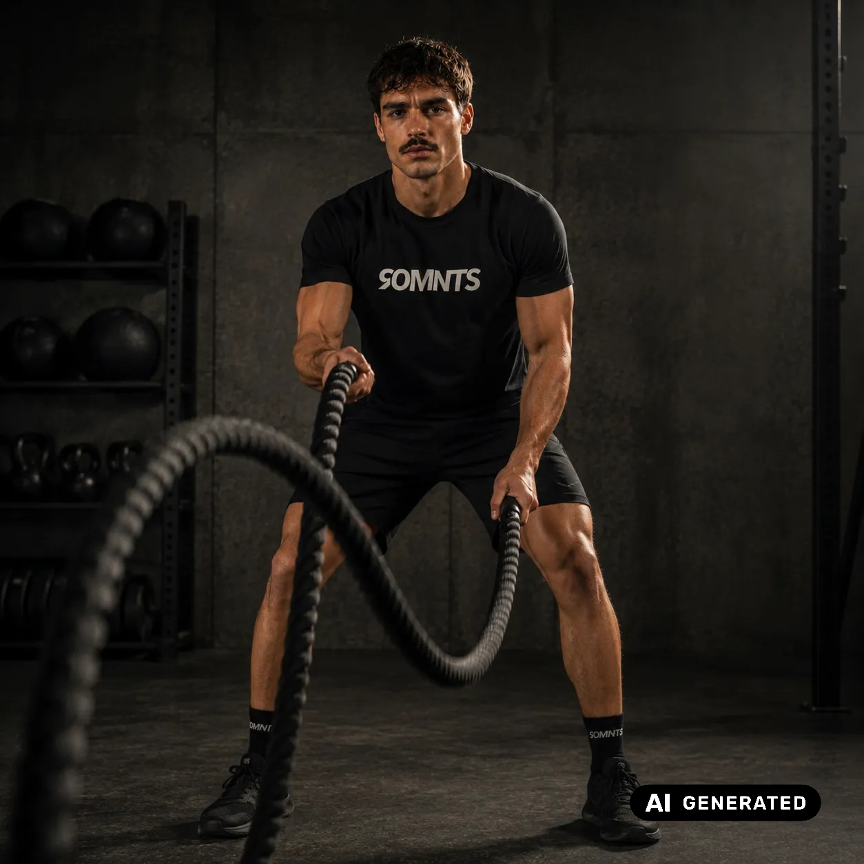 Sportler mit 90MNTS Shirt und Socken trainiert mit Ropes (KI-Generiert)