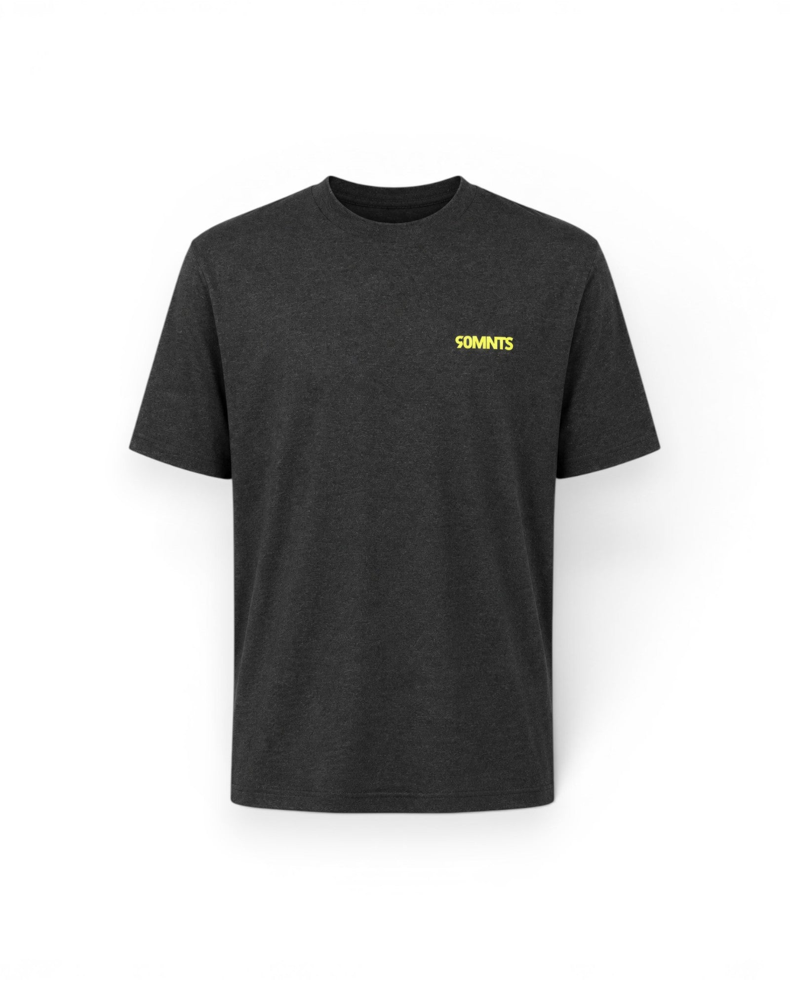 90MNTS T-Shirt in dunkelgrau mit kleinem Print in gelb