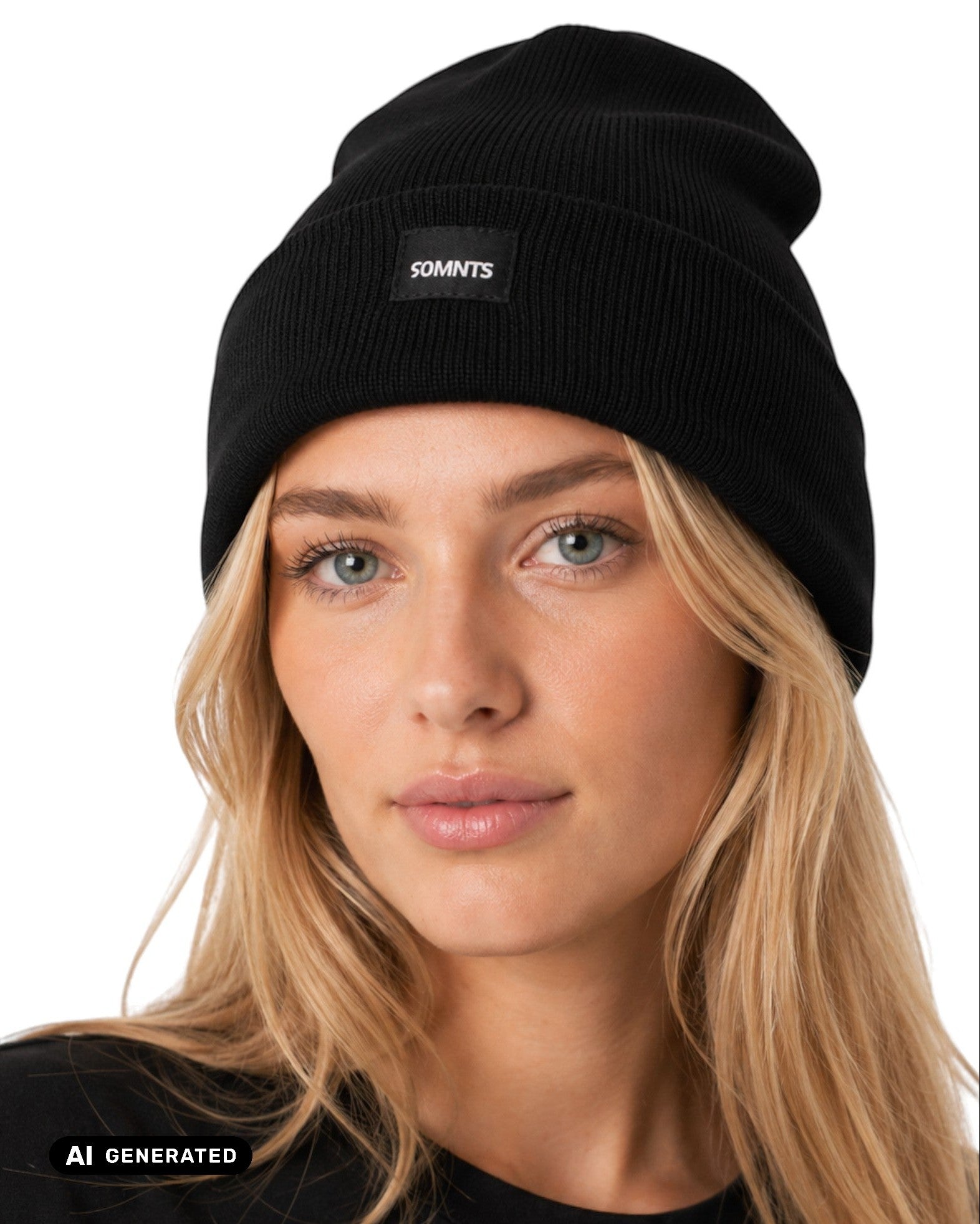 Weibliches Model trägt die 90 Core Beanie in Schwarz 