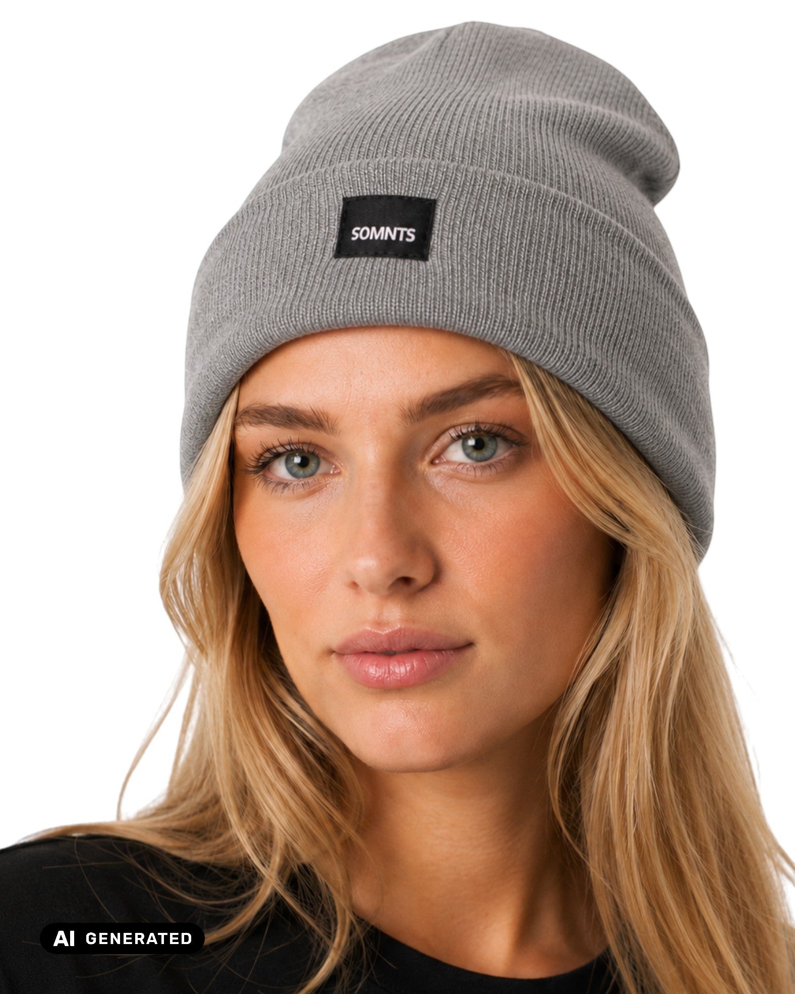 Weibliches Model trägt graue 90 Core Beanie