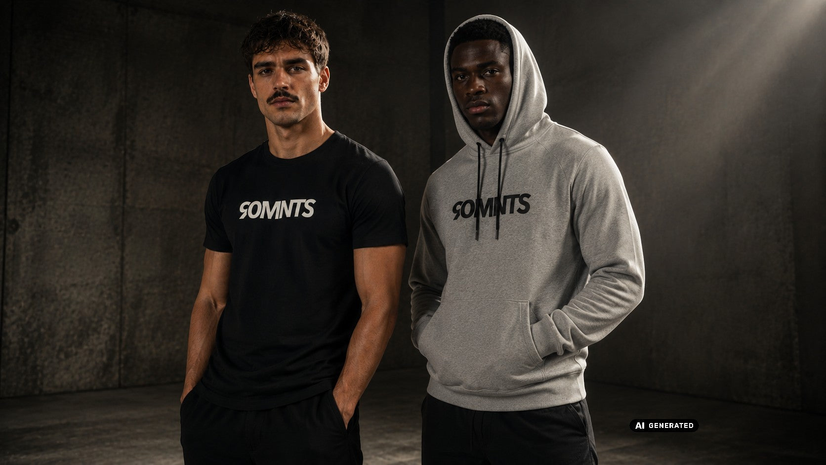 2 Männliche Models mit Blick zum Betrachter tragen das schwarze 90MNTS T-Shirts und den grauen Hoodie aus der 90 Core Collection (KI-Generiert)