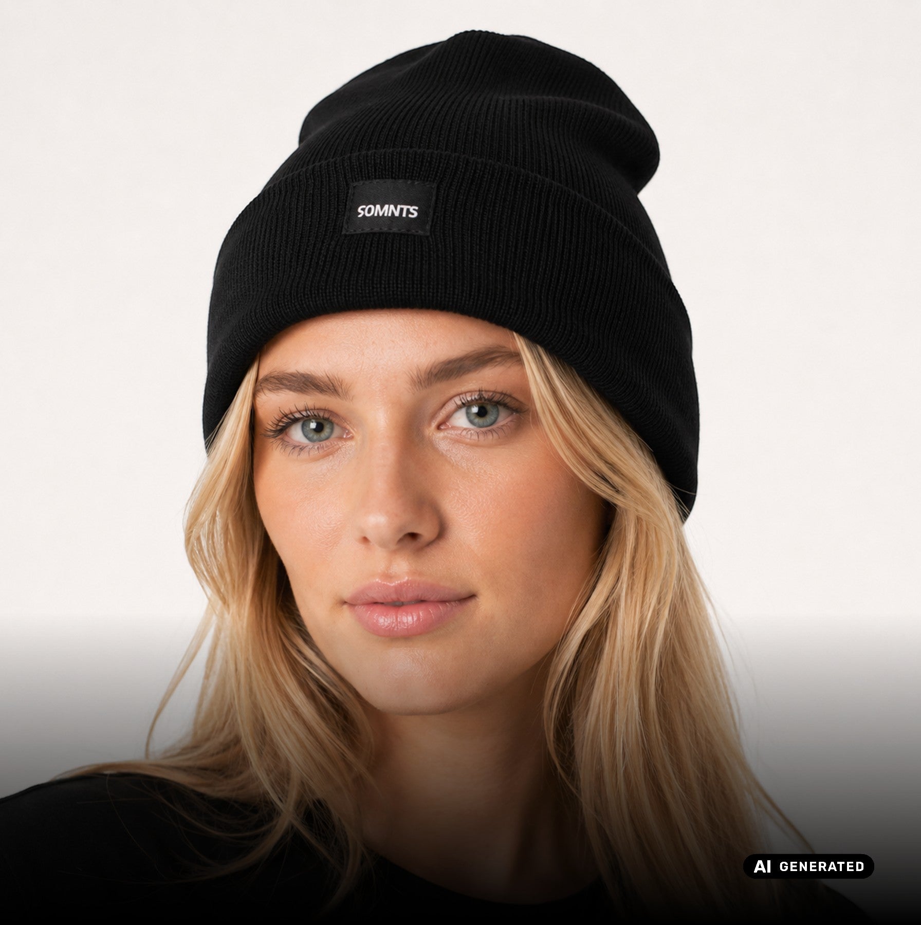 Weibliches Model trägt die schwarze 90 Core Beanie von 90MNTS (KI-Generiert)