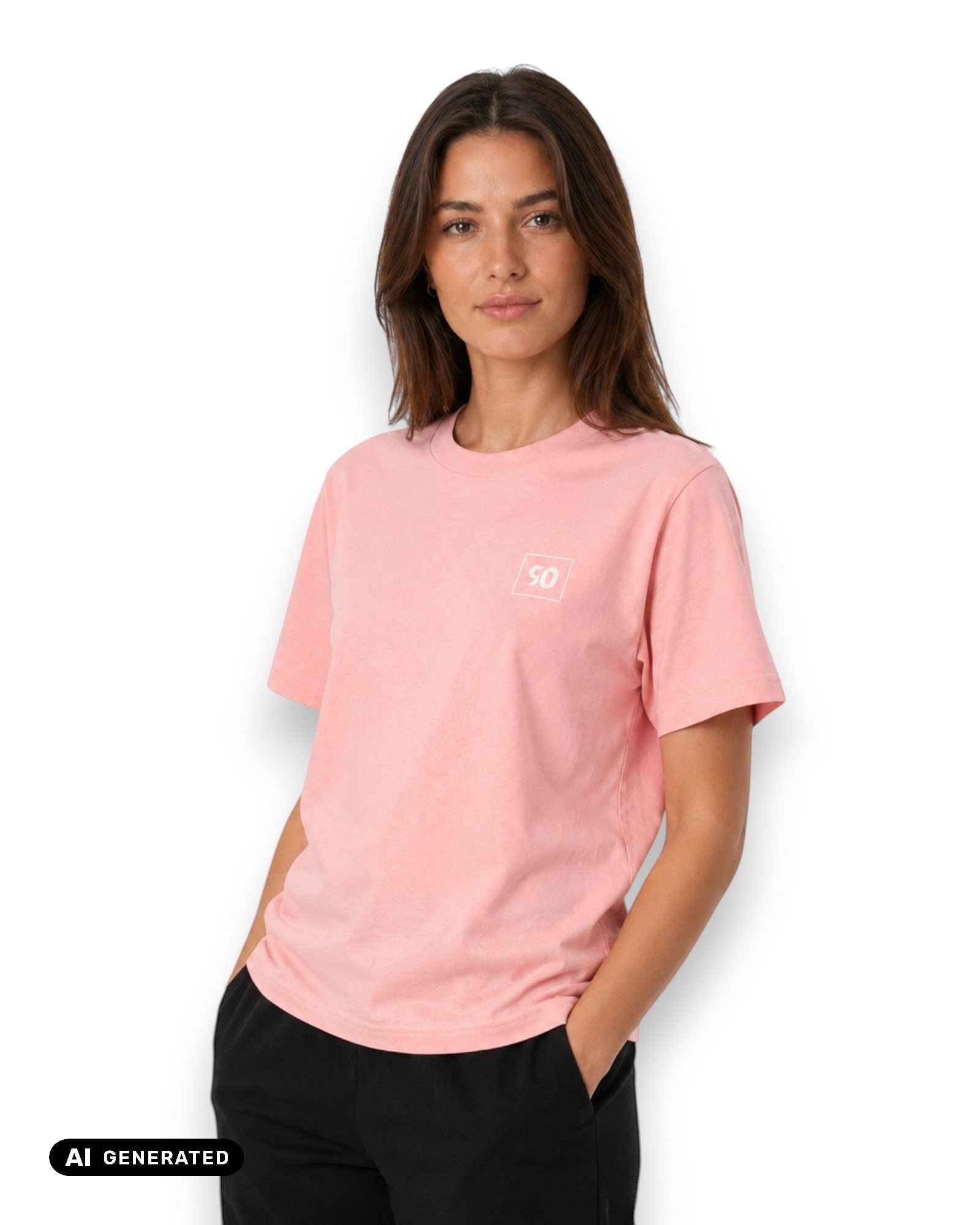 Weibliches Model trägt BE PART OF THE GAME Oversized T-Shirt in pink mit weißen Print (KI-Generiert)