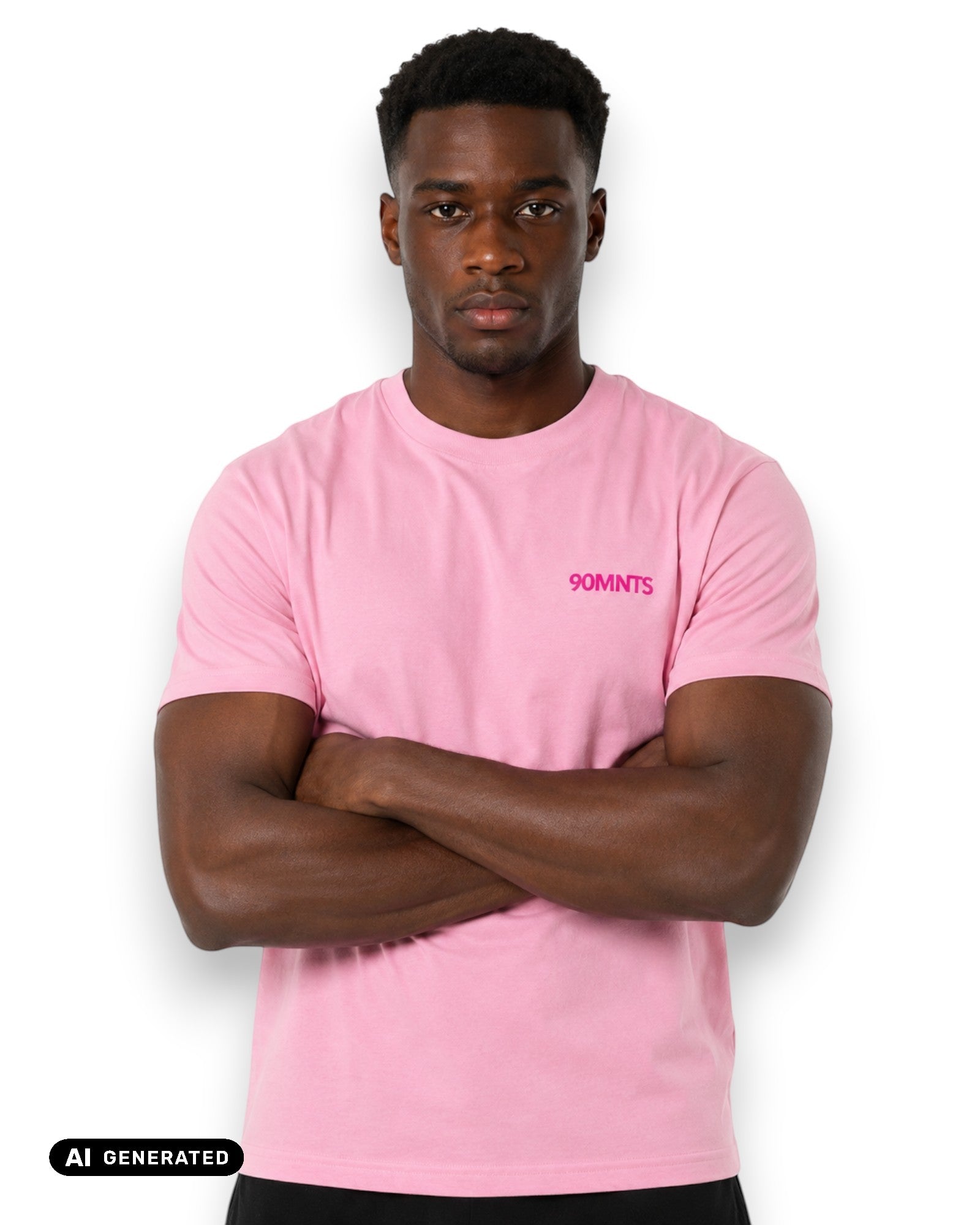 Männliches Model trägt 90MNTS T-Shirt in pink mit kleinem Print in pink (KI-Generiert)
