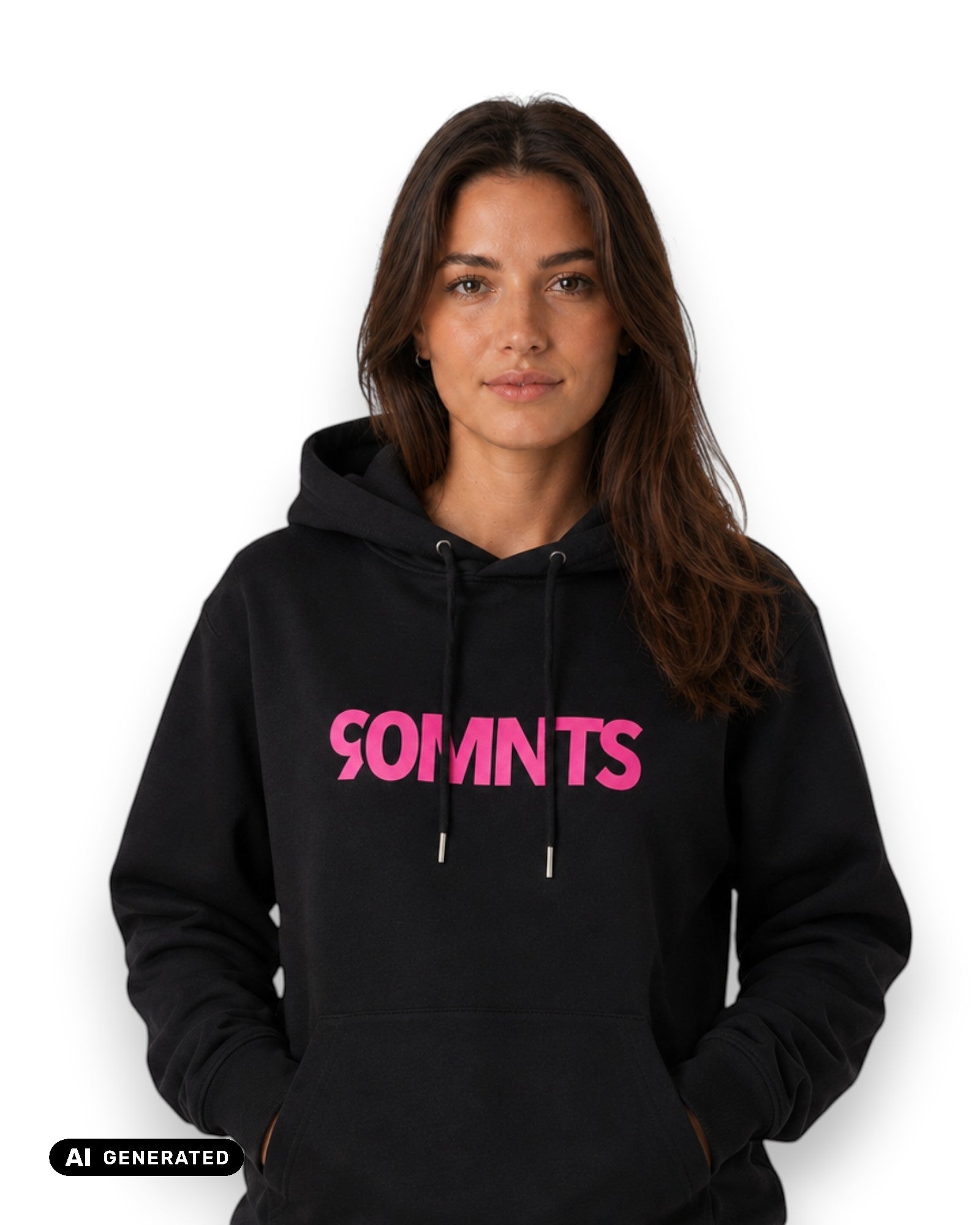 Weibliches Model trägt BE PART OF THE GAME Hoodie in Schwarz mit 90MNTS Print in Pink (KI-Generiert)