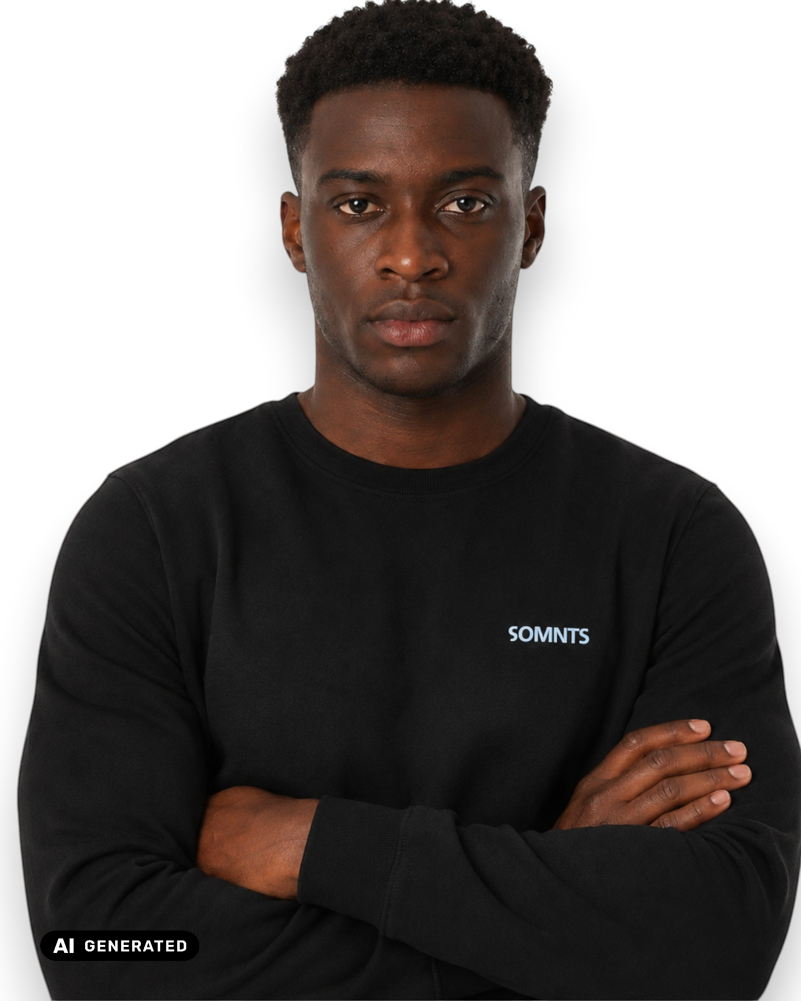 Männliches Model trägt 90 Colour Sweater in Schwarz mit blauen Print (KI-Generiert)