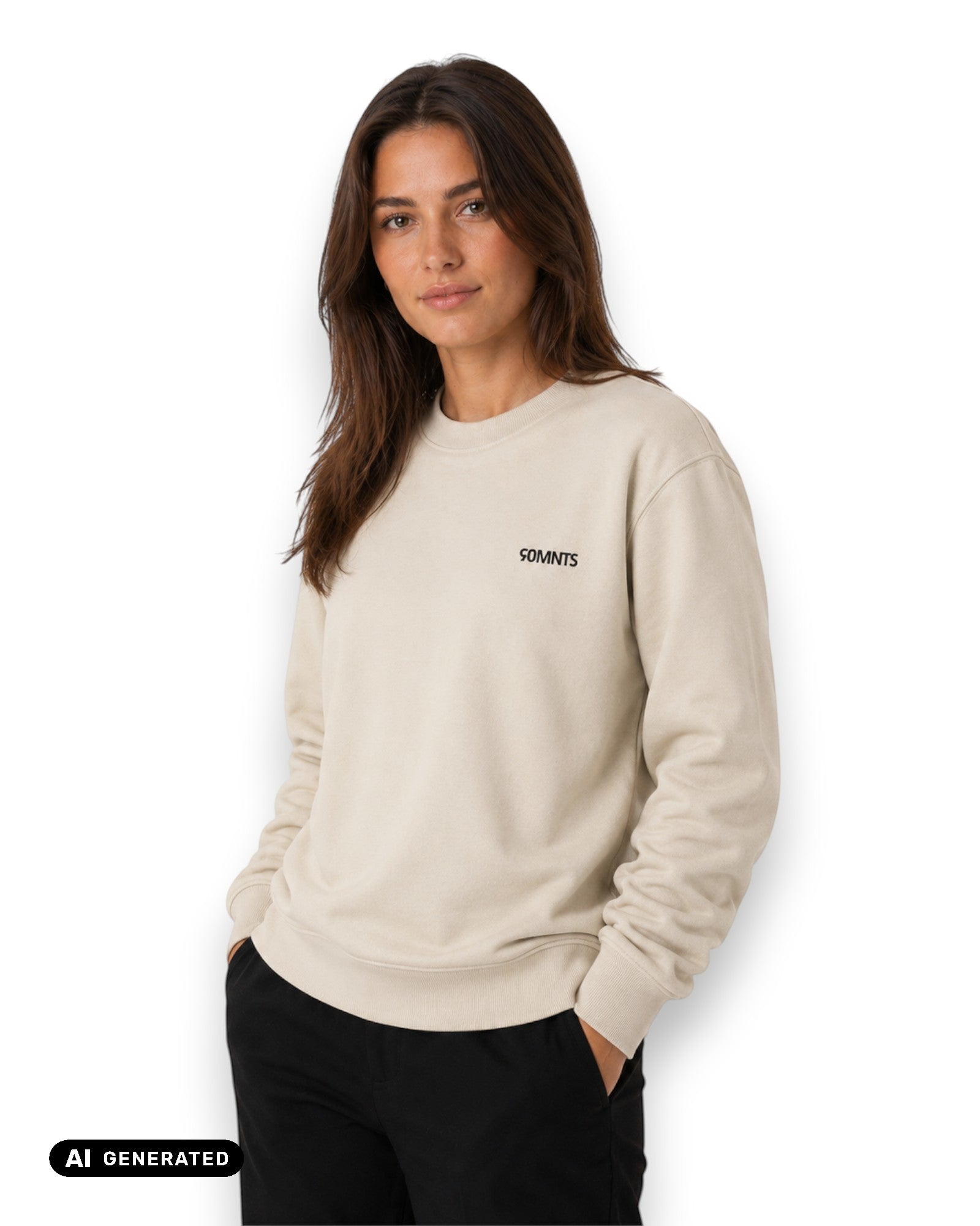 Weibliches Model trägt Colours Sweater in Stone mit schwarzen Print (KI-Generiert)