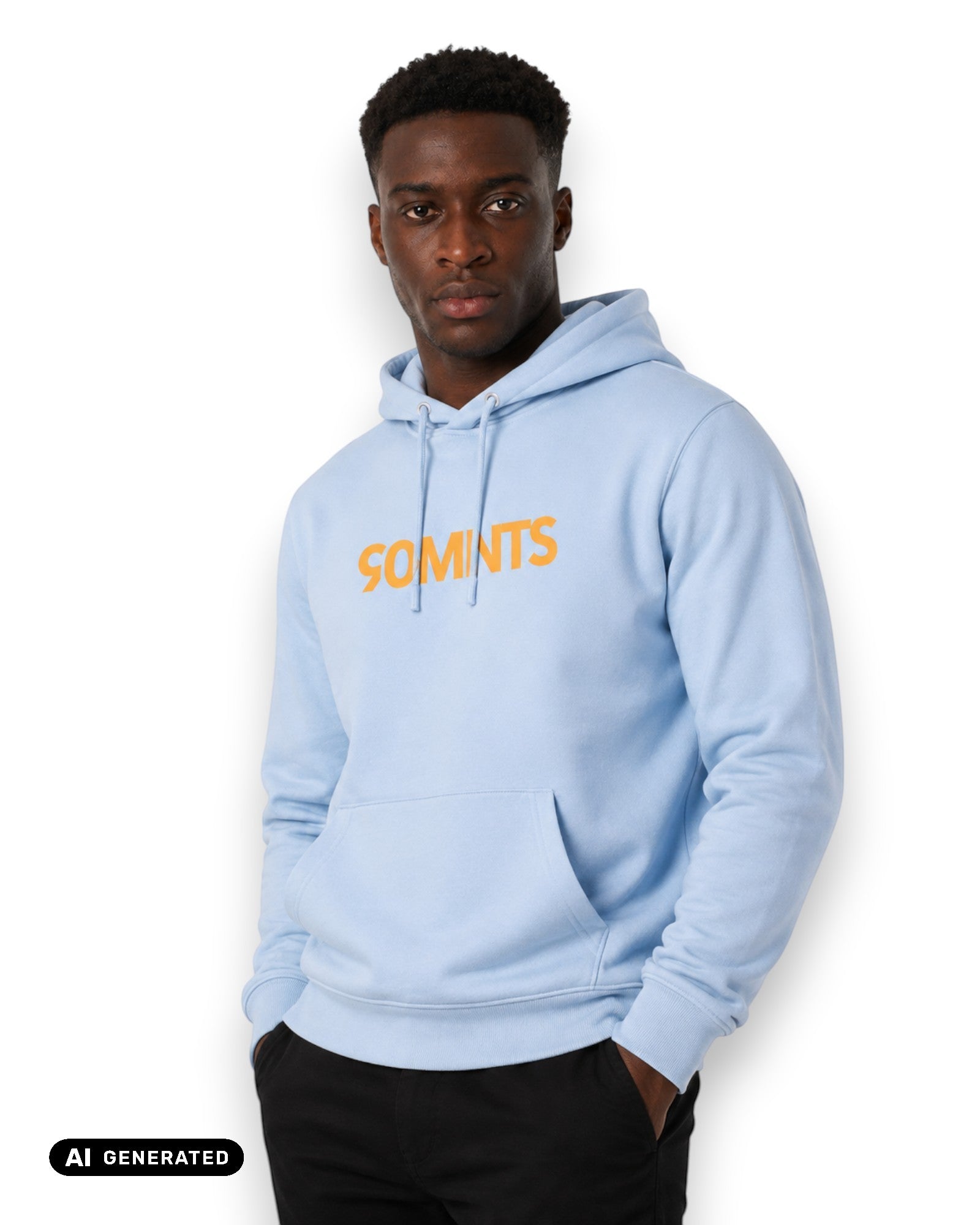 Männliches Model trägt BE PART OF THE GAME Hoodie in Blau mit 90MNTS Print in Orange (KI-Generiert)
