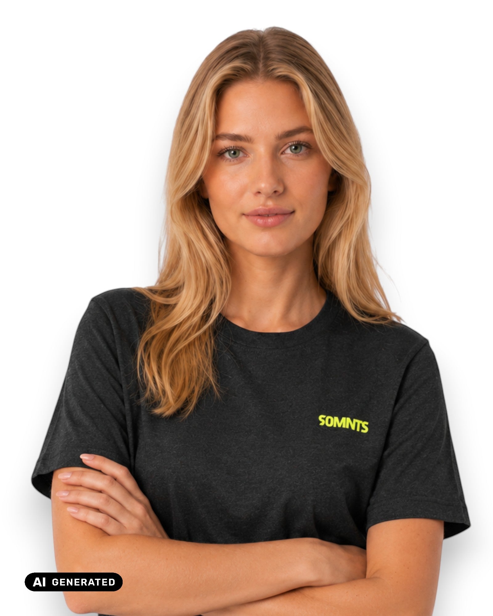 Weibliches Model trägt 90MNTS T-Shirt in dunkelgrau mit kleinem Print in gelb (KI-Generiert)