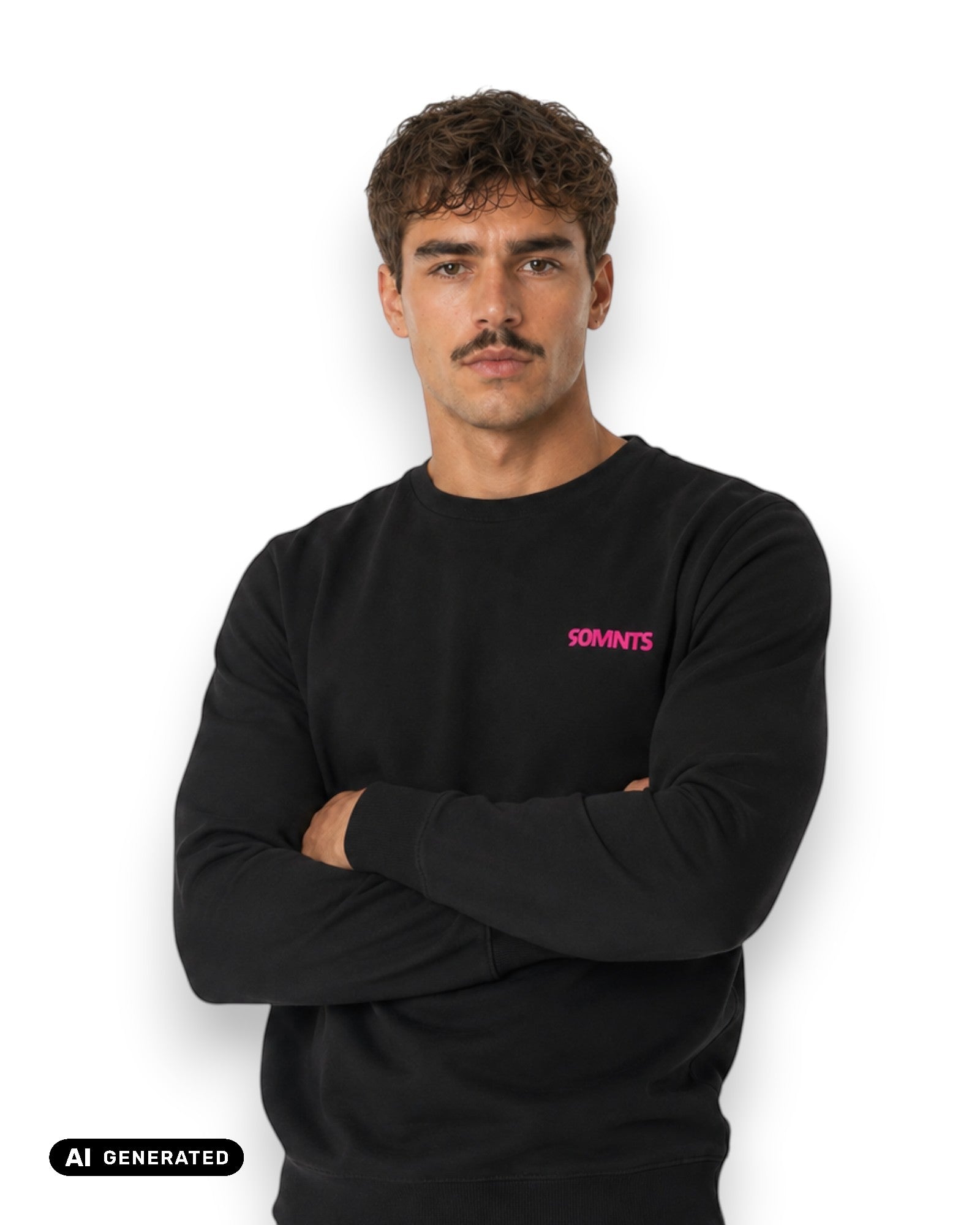 Männliches Model trägt 90 Colour Sweater in Schwarz mit pinken Print (KI-Generiert)