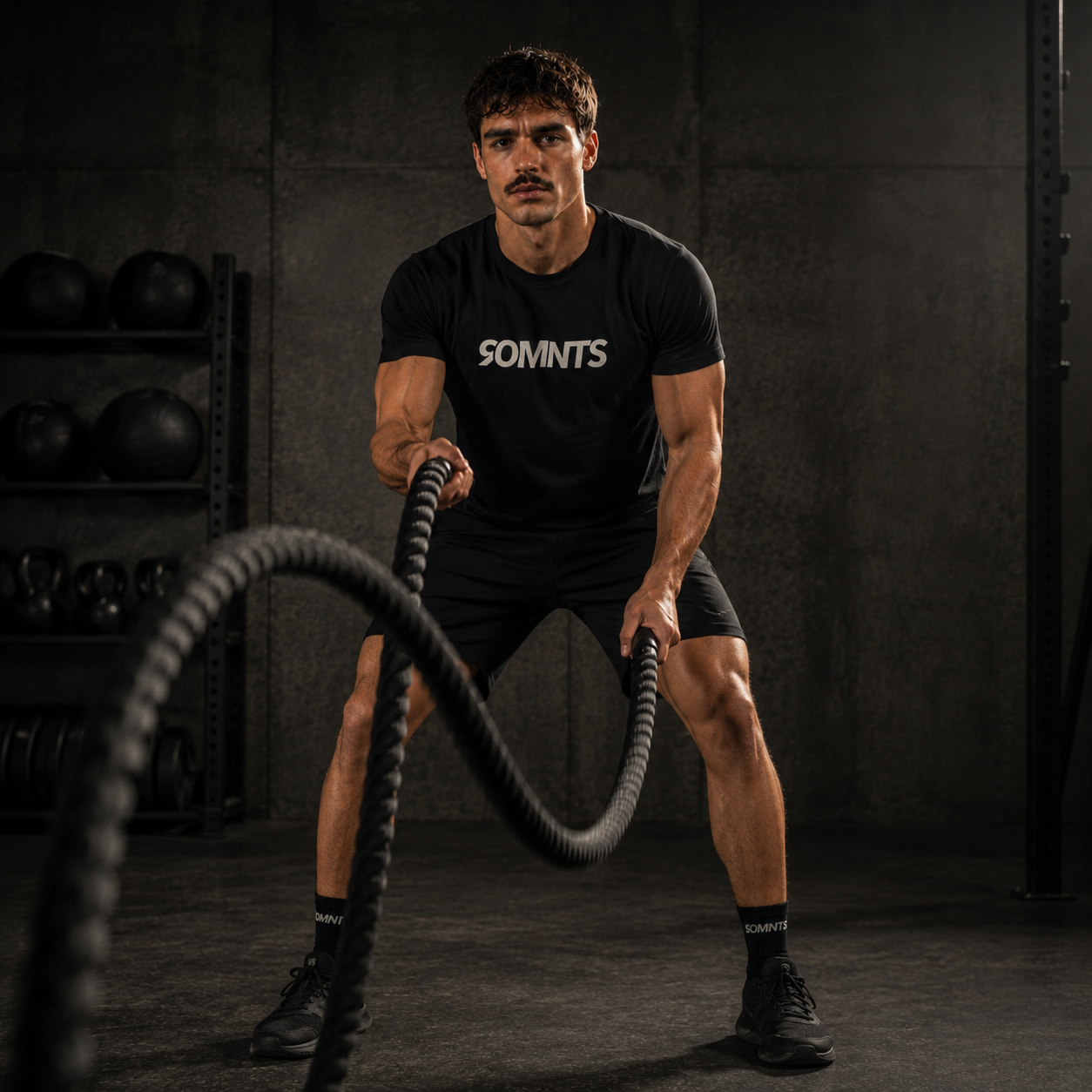 Sportler mit 90MNTS Shirt und Socken trainiert mit Ropes